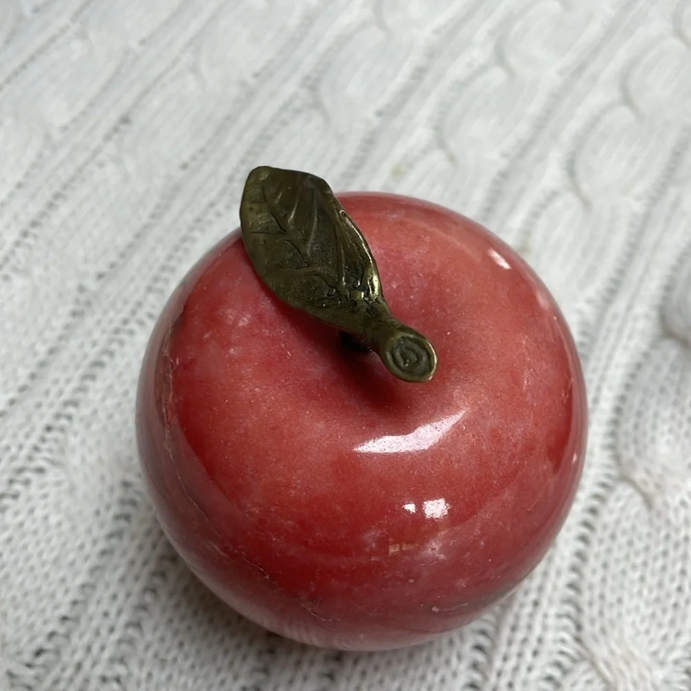 Vintage Red Marble Apple Paperweight w Brass Stem & Leaf in great condition